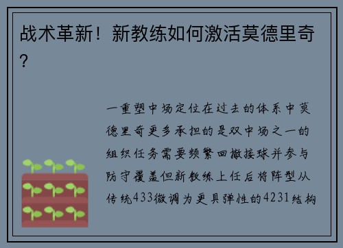 战术革新！新教练如何激活莫德里奇？